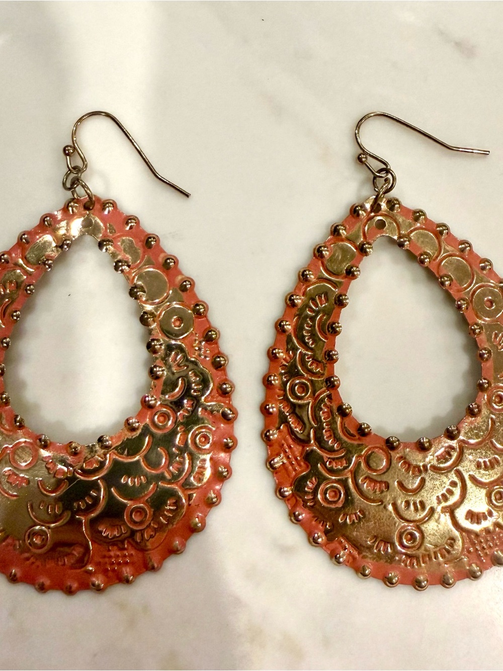 Gold and Coral Teardrop Filigree Hook Earrings